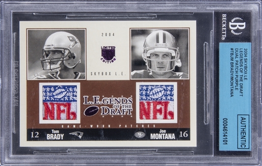 2004 Skybox LE "Legends of the Draft" Dual Patch Purple #TBJM Tom Brady/Joe Montana "NFL Shield" Game Used Patch Card (#1/1) – BGS Authentic